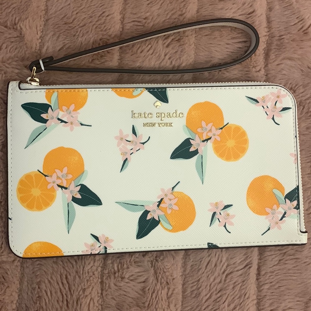 Kate Spade Cream Zip Wristlet with Orange Print